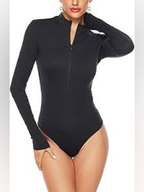 OQQ Long Sleeve Black Bodysuit with Zip Front - Women Tops
